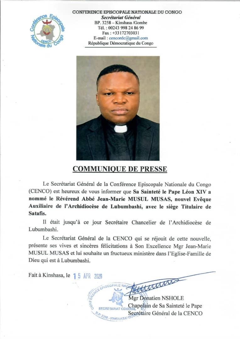 #RDC : l’abbé Jean-Marie Musul a été nommé par le Pape Léon XIV, nouvel évêque auxiliaire de l’archidiocèse de Lubumbashi, dans la province ecclésiastique portant le même nom, dans le sud-est de la République démocratique du Congo (RDC)